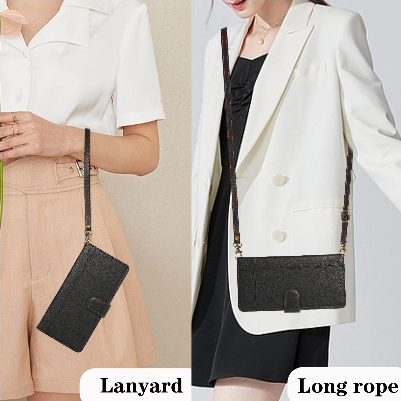 For Samsung Galaxy S24 Cell Phone Case PU Leather Stand Drop-proof Wallet Cover with 2 Straps - Black For Samsung Galaxy S24 Cell Phone Case PU Leather Stand Drop-proof Wallet Cover with 2 Straps - Black